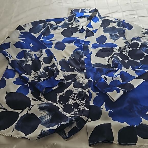 Zara Floral Button-Down Long Sleeves Shirt Large Royal Blue & White - Picture 16 of 16